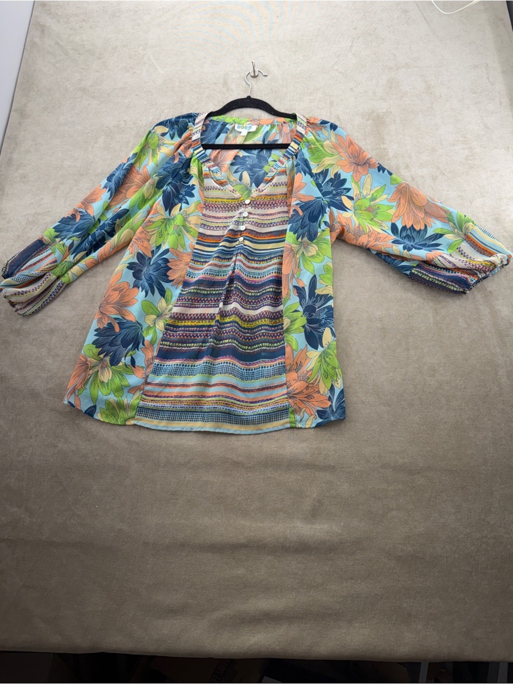 Floral Mixed-Print V-Neck Blouse in Pastel Multi